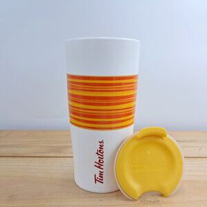 Tim Hortons 2015 Limited Edition Ceramic Travel Mug Orange Yellow Stripe 12oz